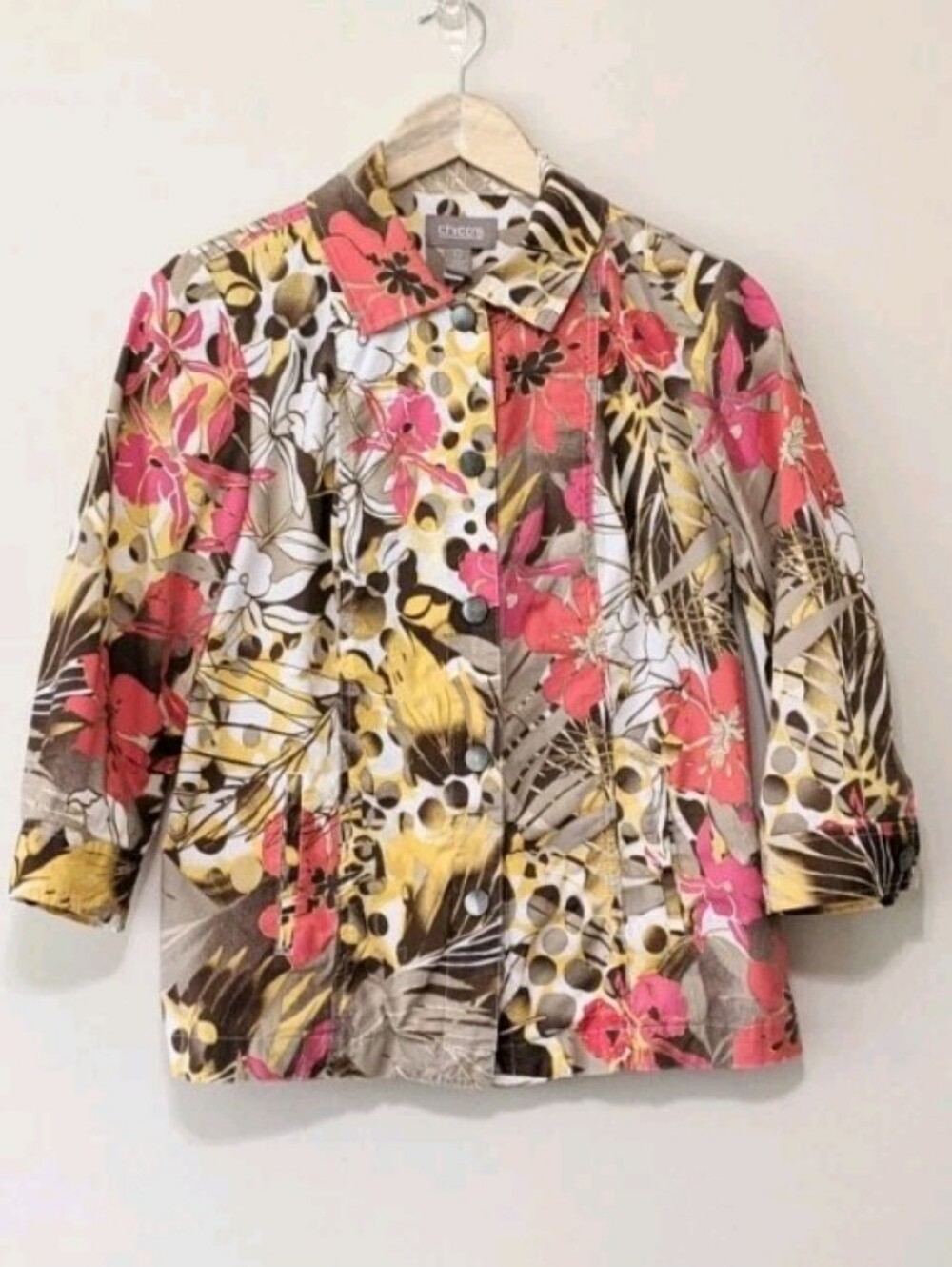 Chico's Gray Coral Yellow Cotton/2% Spandex Floral Button-Up Top, Small